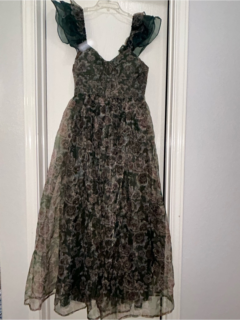 Dark Green Floral Chiffon Maxi Dress with Ruffled Straps